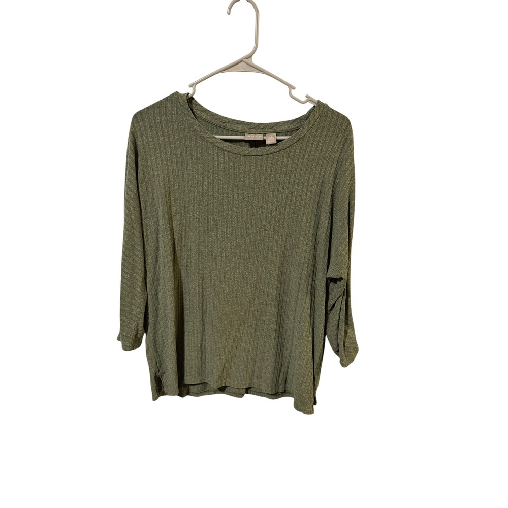 Chicos Size 1 Ribbed Knit Top Olive Green 3/4 Sleeve Crew Neck